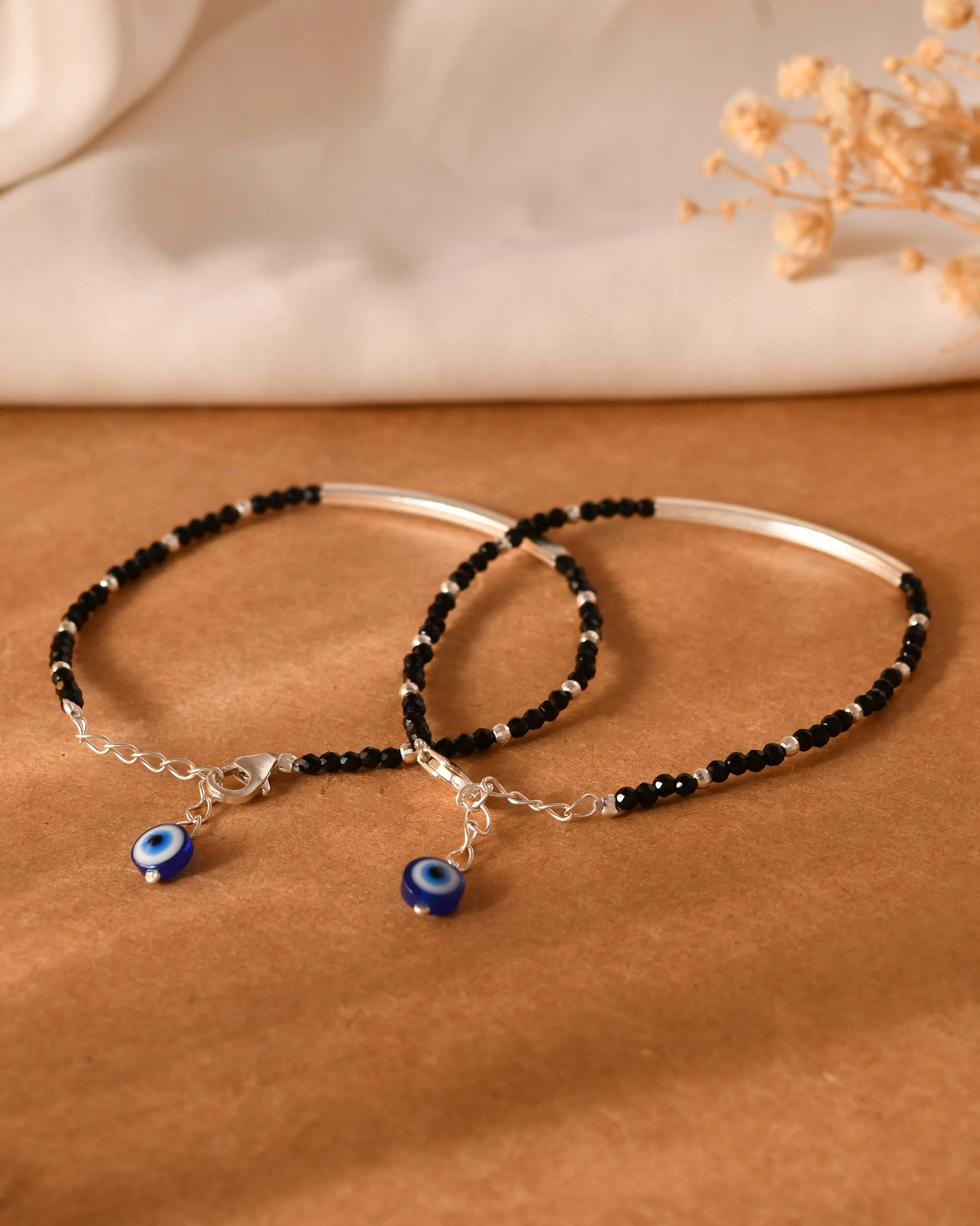 Black Bead Silver Bar Bracelets - Image 3