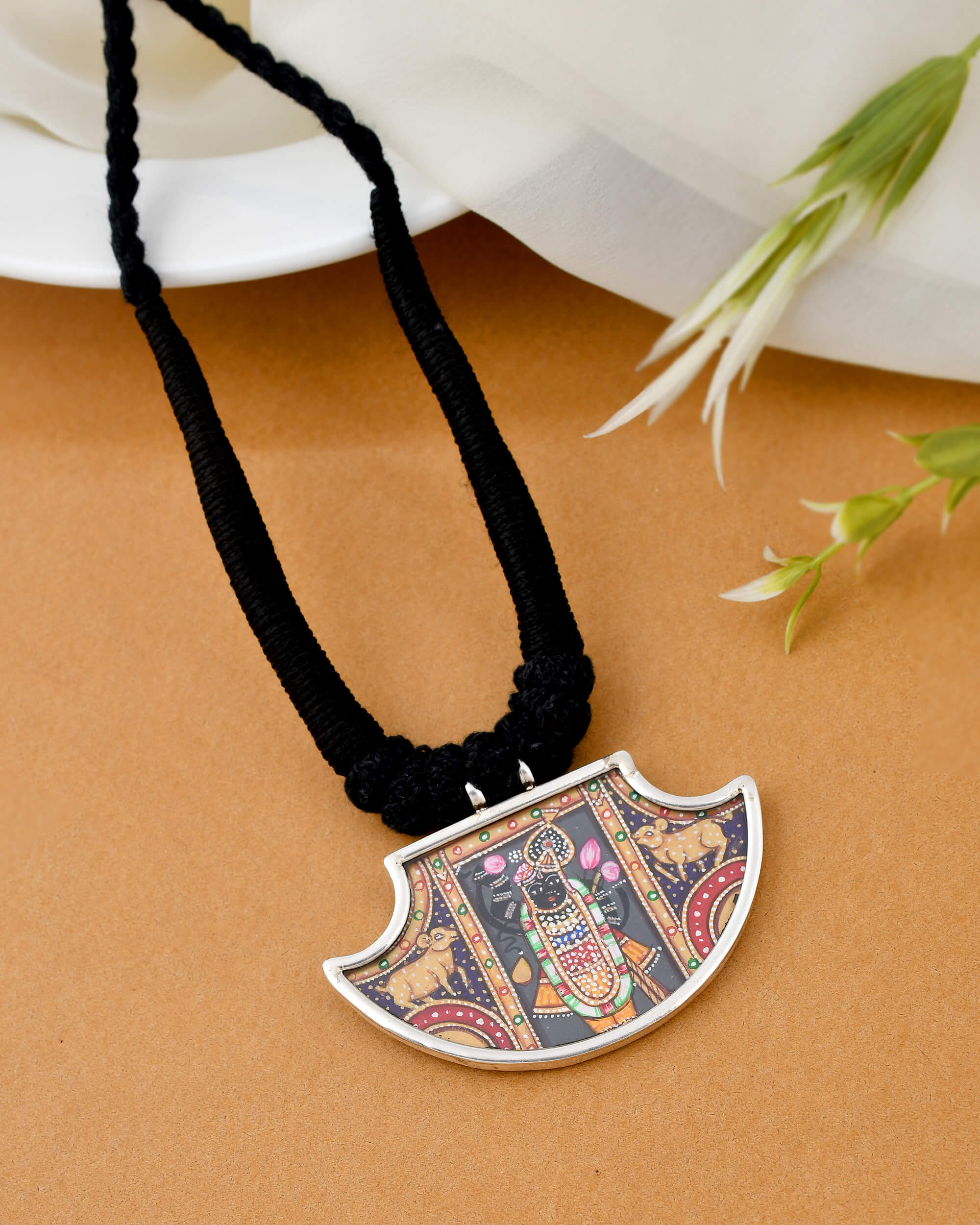 Hand-painted Shrinathji silver necklace - Image 3