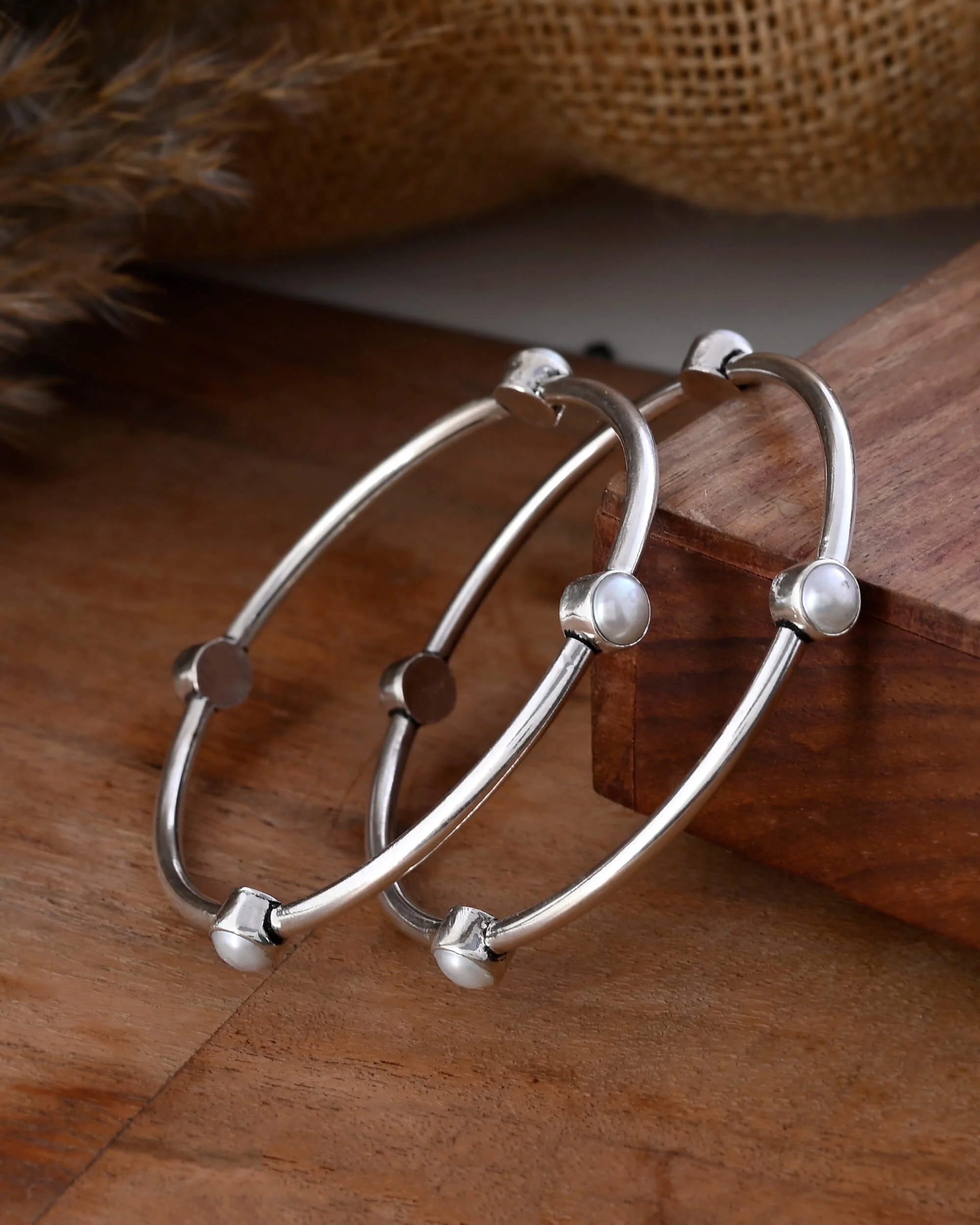 Hansika Pearl Silver Bangle