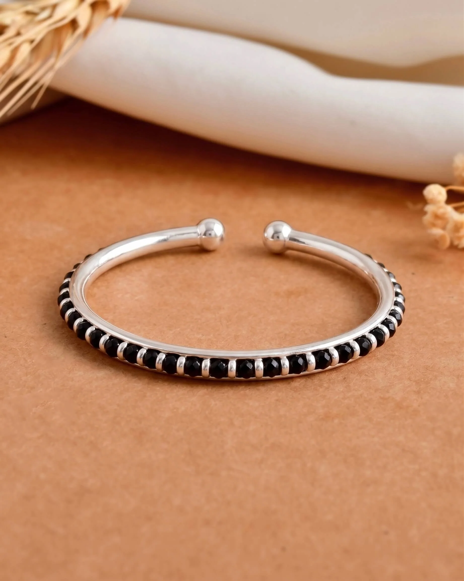 Black Bead Baby Silver Bangle Kada
