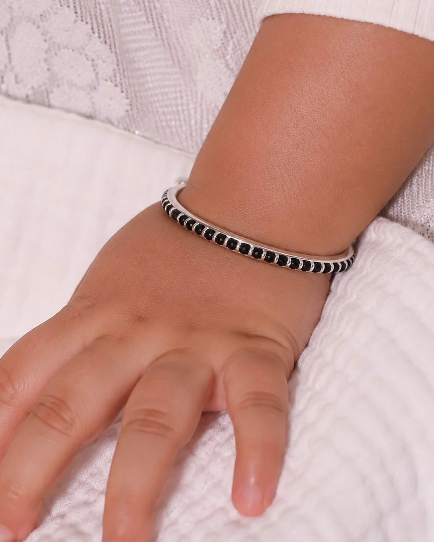 Black Bead Baby Silver Bangle Kada - Image 2
