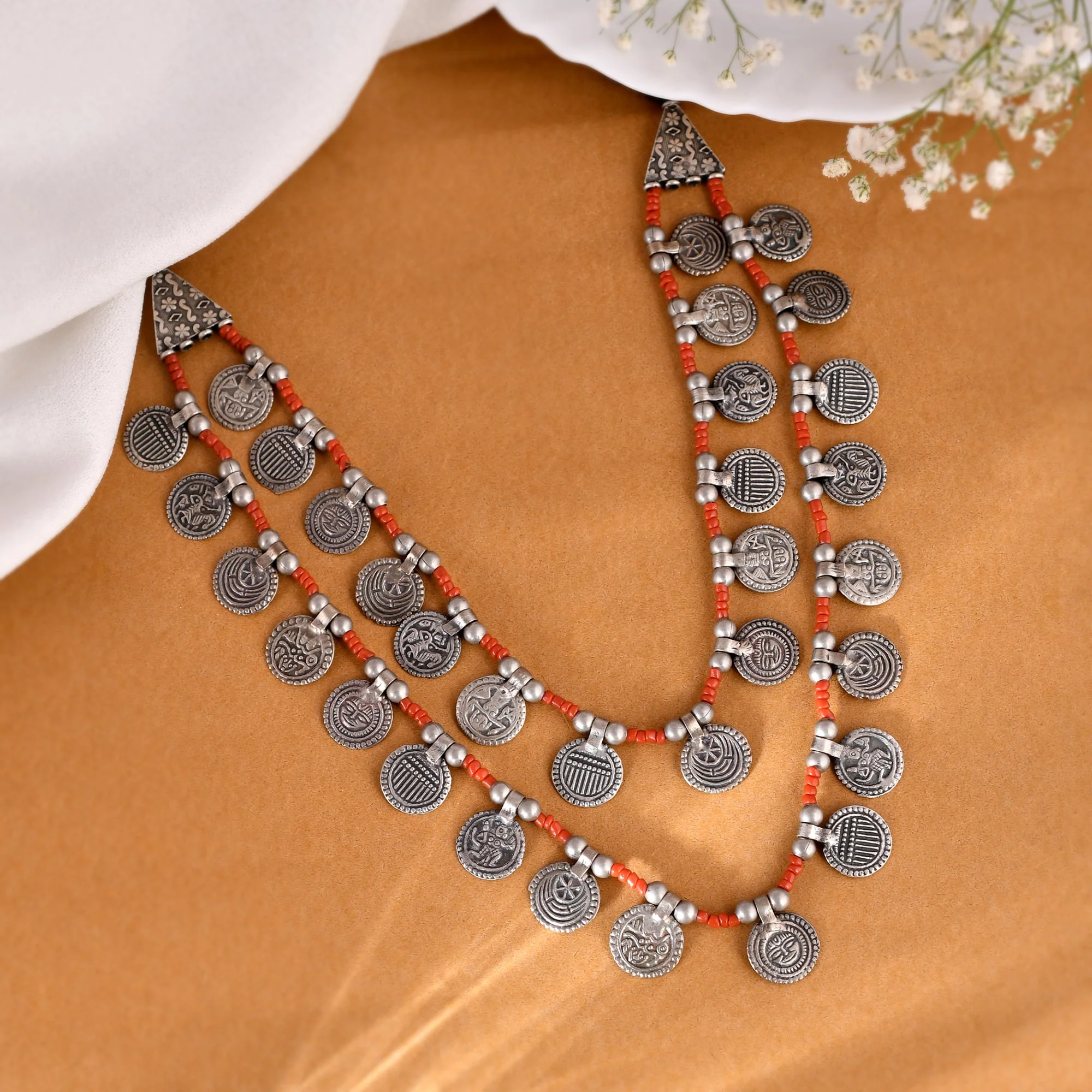 Laal Coral Silver Necklace