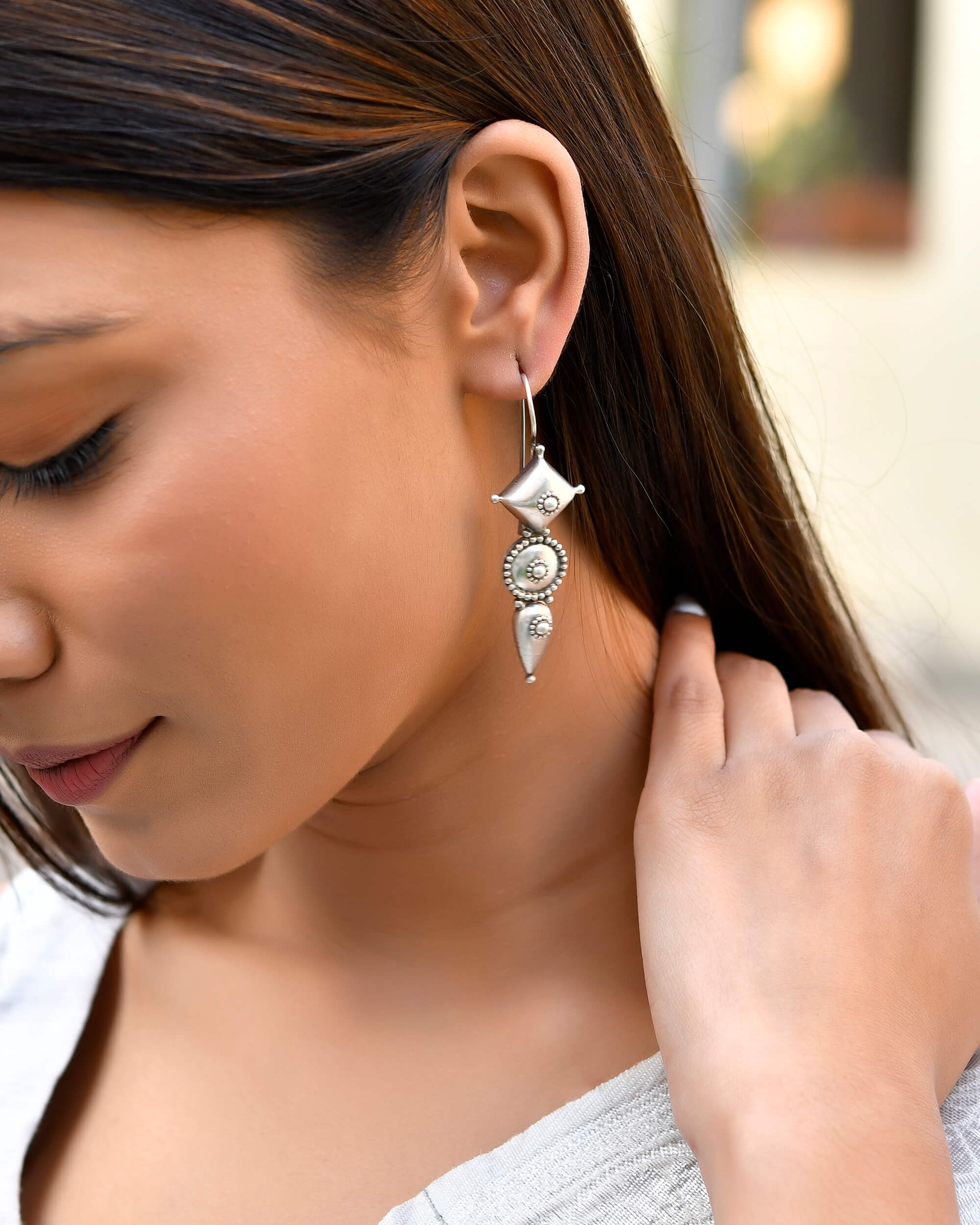Long Tribal Silver Earrings - Image 3