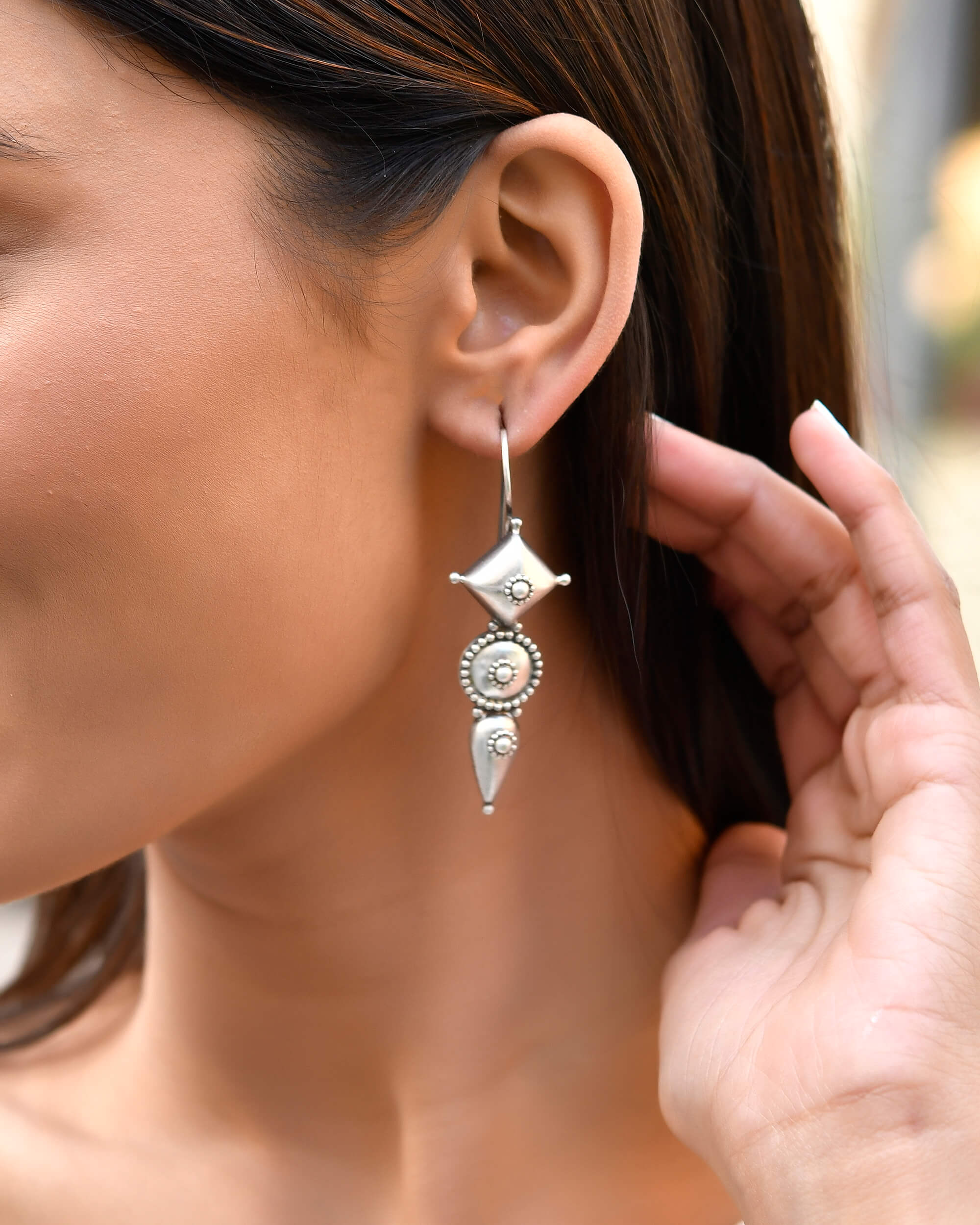 Long Tribal Silver Earrings - Image 4