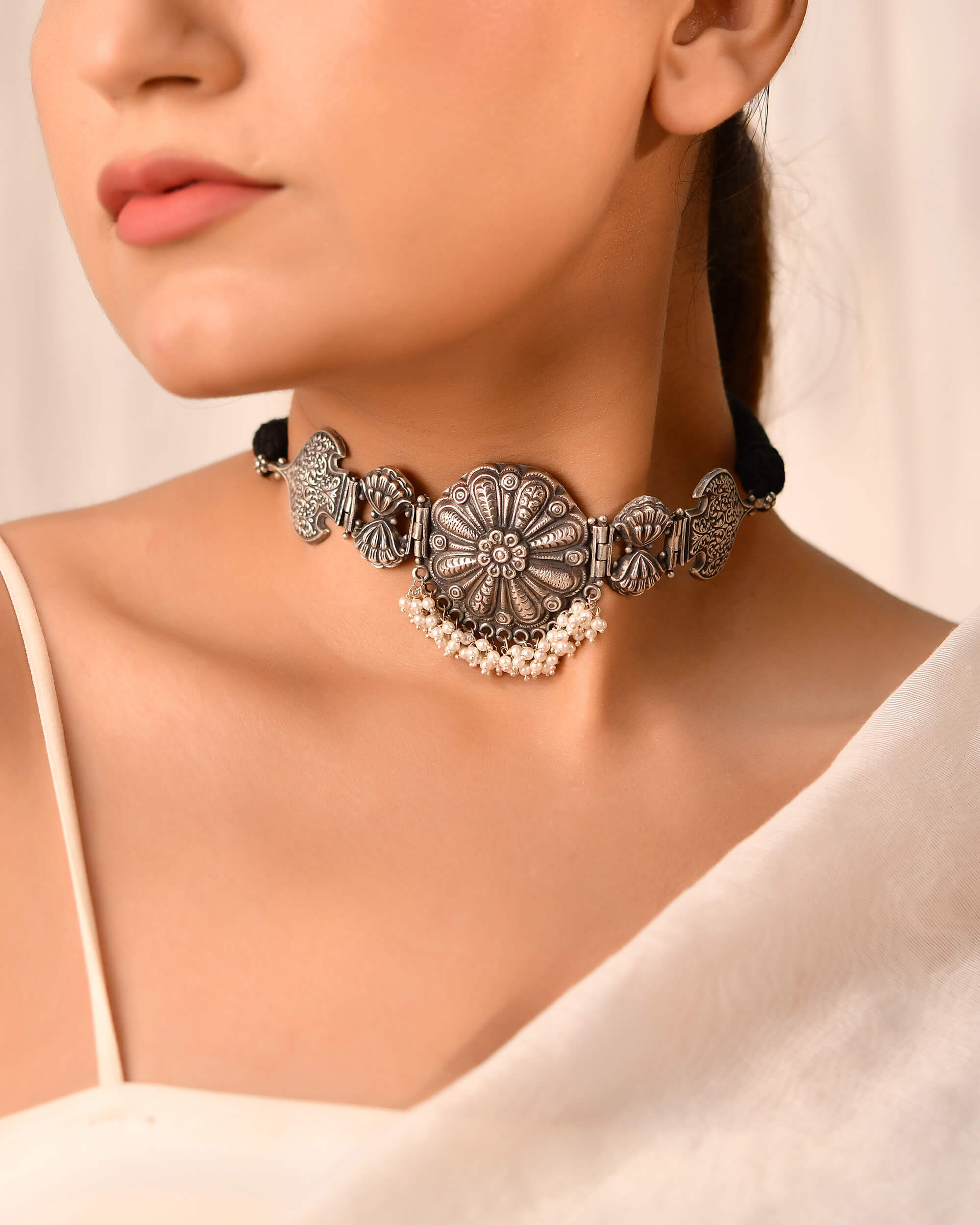 Silver Floral Choker with Pearl Drops