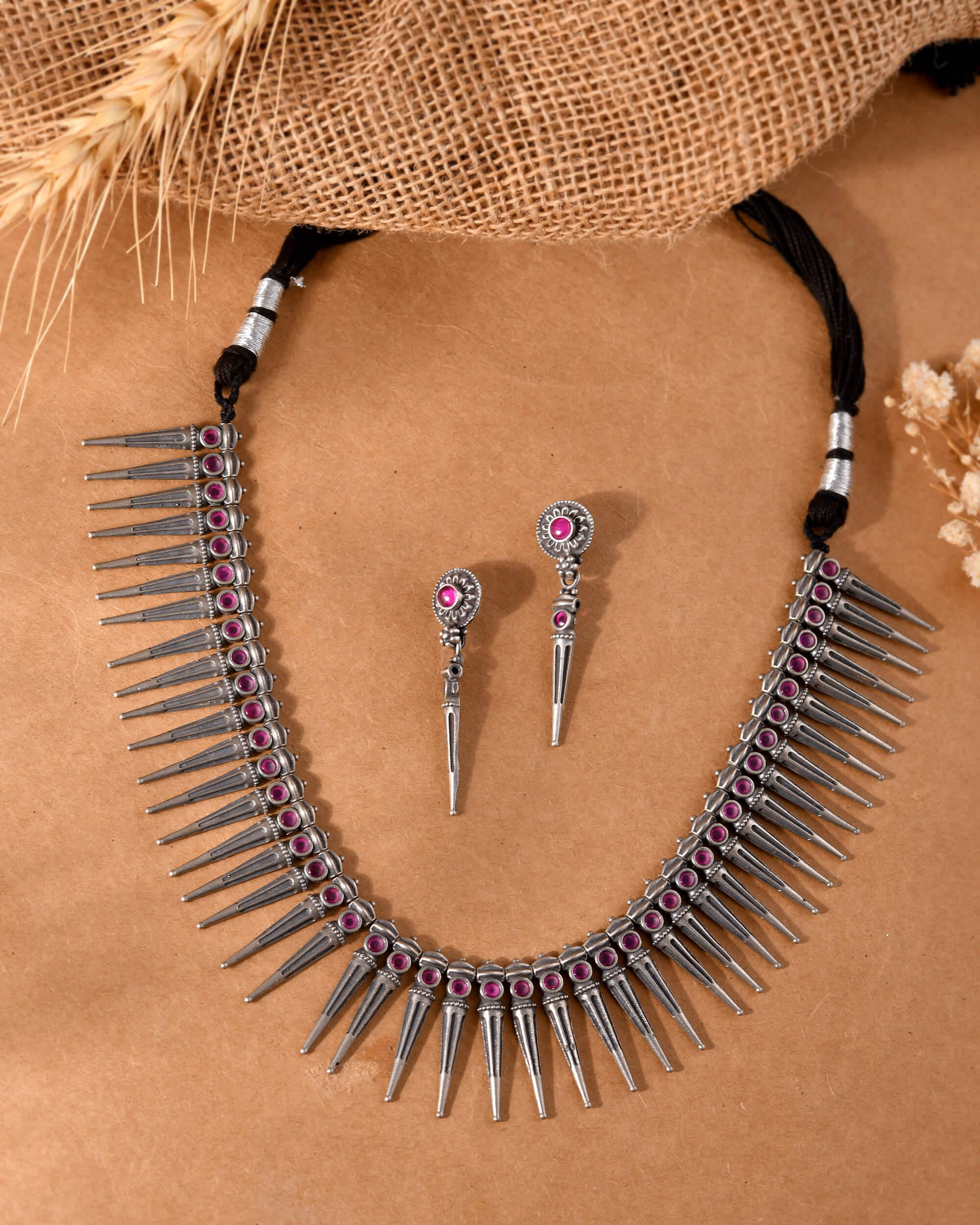 Trikon Silver Necklace with Pink Stones - Image 2